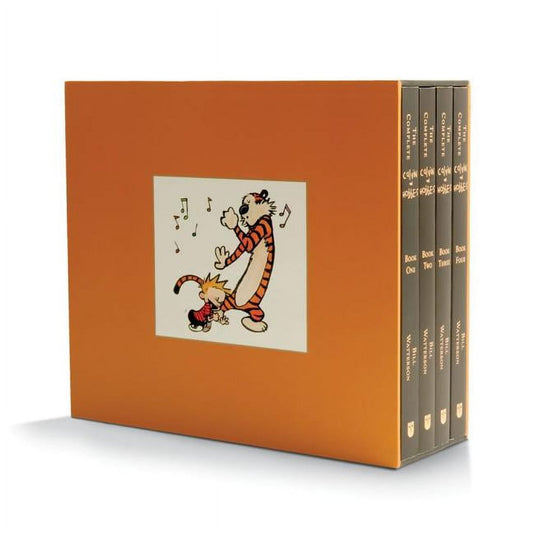 A book box-set of "Calvin and Hobbes: Full Comic-Strip Collection (ISBN: 9781449433253)" by Bill Watterson with angled image of Calvin and Hobbes books by Bill Watterson, featuring a striped orange and white cover with a cartoon of Calvin and Hobbes on the front.