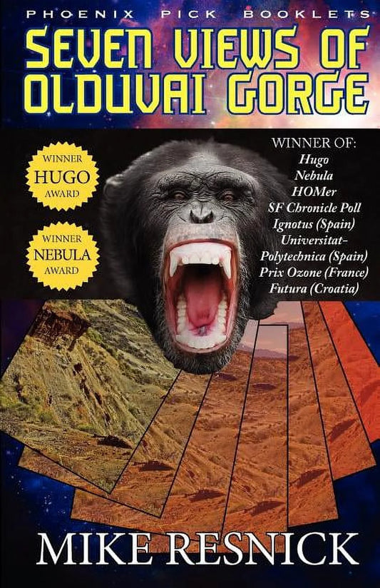Cover of the book 'Seven Views of Olduvai Gorge' by Mike Resnick, featuring a monkey's face superimposed on a stylized landscape background with a caption stating 'Winner of Hugo and Nebula'.