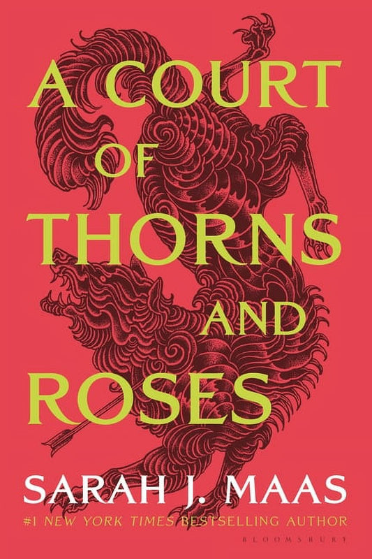 The cover of the book 'A Court of Thorns and Roses' by Sarah J. Maas features a dark, intricate illustration of a dragon-like creature in the background with a human-like figure in the foreground.