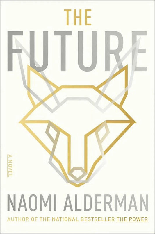 The cover of the book 'The Future' by Naomi Alderman features a stylized geometric design with a gold and white color scheme, depicting a fox's head.