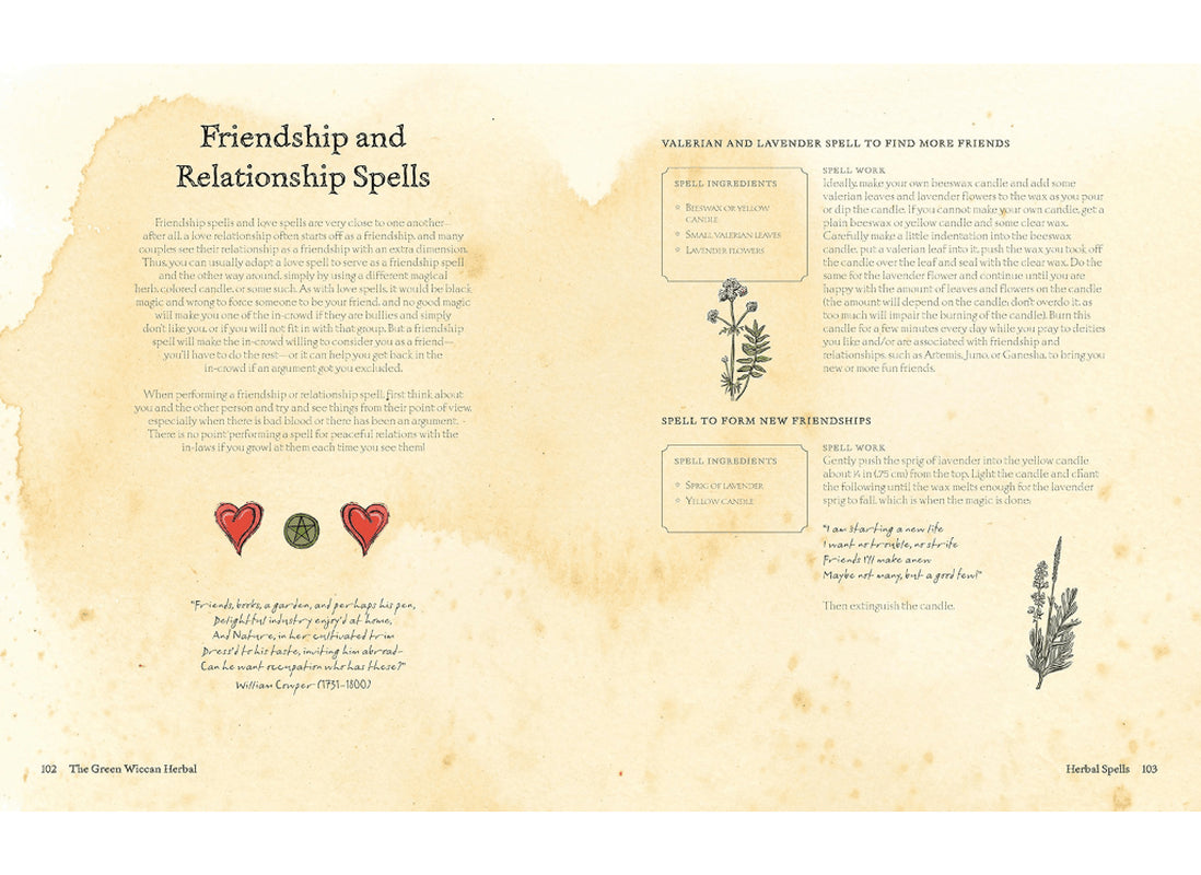 Interior pages from “The Green Wiccan Herbal” by Silja, displaying detailed descriptions of herbs, their magical correspondences, and ritual applications. Includes small botanical drawings and a clean, readable layout.