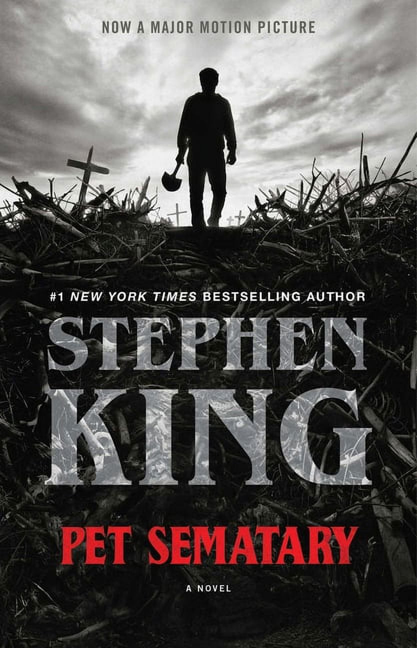 Cover of the novel 'Pet Sematary' by Stephen King, depicting a dark, eerie scene with a figure in the foreground, surrounded by a desolate, ruined landscape.