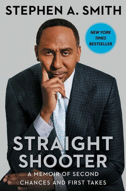 Front cover of “Straight Shooter: A Memoir of Second Chances and First Takes” by Stephen A. Smith, featuring a portrait of the author against a dark background with bold white and gold typography. Hardcover edition published by Simon & Schuster, ISBN‑13 9781982189495.