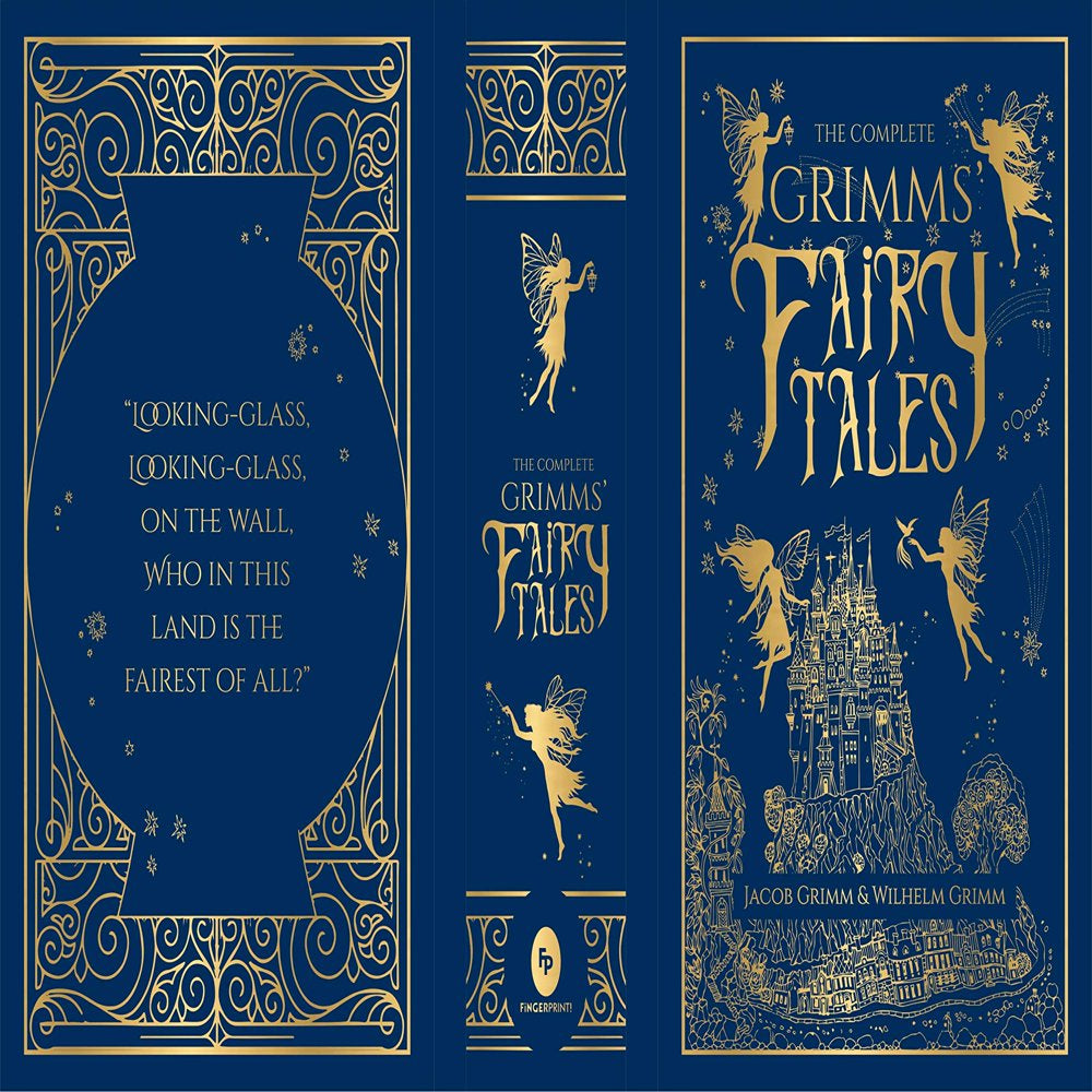 Book full flat view of the book in blue leather-bound format. A book titled 'Grimm's Fairy Tales' with gold and white text and illustrations of fairies on the cover.