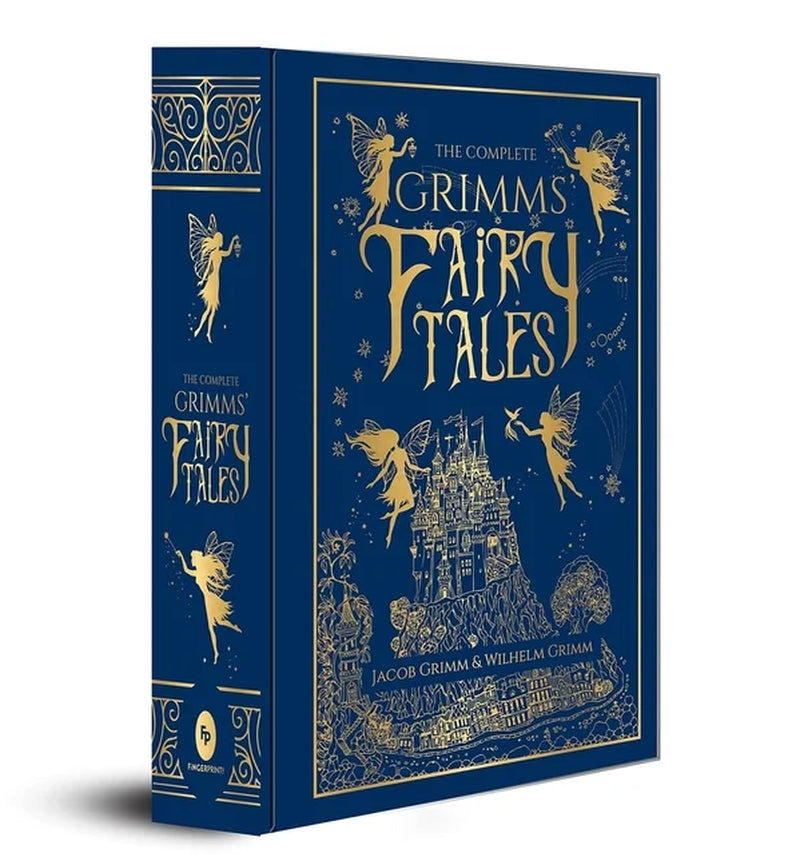 A blue leather-bound book titled 'Grimm's Fairy Tales' with gold and white text and illustrations of fairies on the cover.