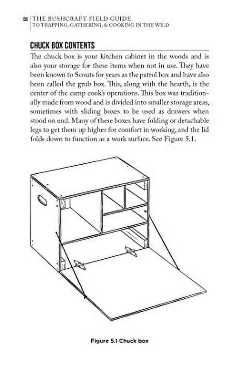 Book chuck box contents setup guide from 'The Bushcraft Field Guide to Trapping, Gathering, & Cooking in the Wild' by Dave Canterbury with grid figure and instructions.