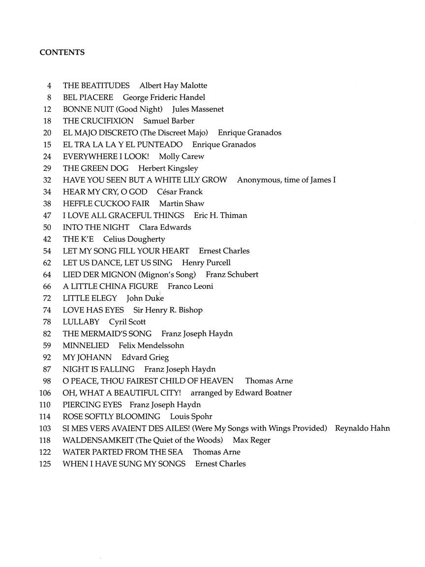 Sheet music book contents page of "The First Book of Soprano Solo" and sheet music book of "The Best in Student Vocal Literature: Compiled by Joan Frey Boytim | With Companion Accompaniment CDs, recorded by pianist Laura Ward" written by Joan Frey Boytim.