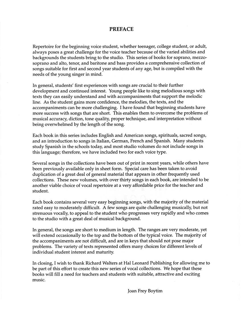 Sheet music book preface page of "The First Book of Soprano Solo" and sheet music book of "The Best in Student Vocal Literature: Compiled by Joan Frey Boytim | With Companion Accompaniment CDs, recorded by pianist Laura Ward" written by Joan Frey Boytim.