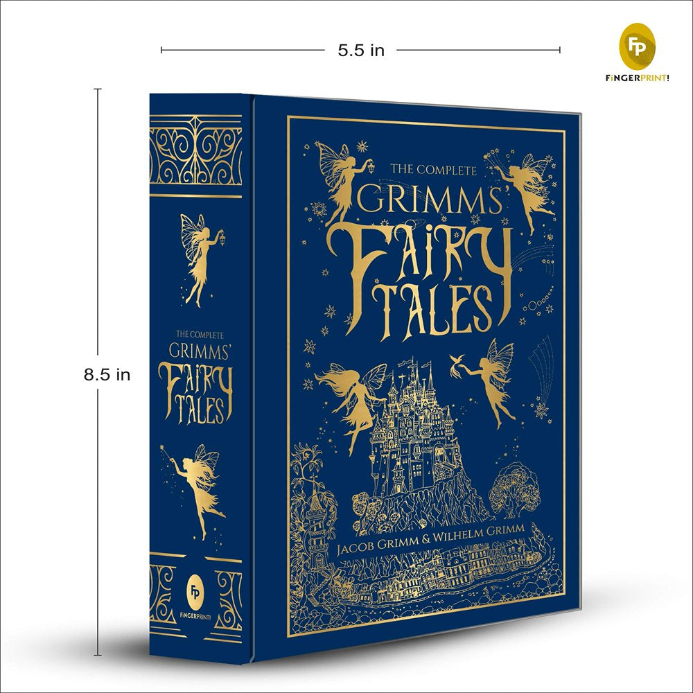 A blue leather-bound book titled 'Grimm's Fairy Tales' with gold and white text and illustrations of fairies on the cover. With dimensions.