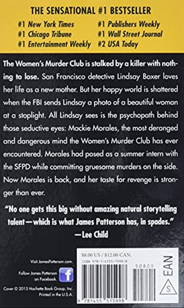 Back book cover of the novel 'Unlucky 13' by James Patterson & Maxine Paetro features a bold design with the synopsis, praise, ISBN and barcode—which adds an element of mystery and thriller.