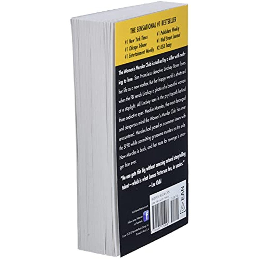 Angled view of the back book cover of the novel 'Unlucky 13' by James Patterson & Maxine Paetro features a bold design with the title prominently displayed in large, yellow numerals. In the background, there is a silhouette of a bird, possibly a red-tailed hawk, which adds an element of mystery and thriller.