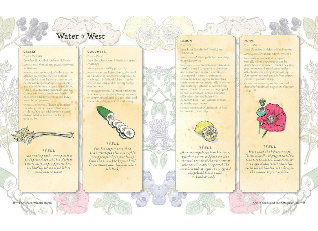 Open book image showing additional pages from “The Green Wiccan Herbal” by Silja, with text on magical herb properties and practical spellwork. Includes botanical artwork and a nature‑inspired design.